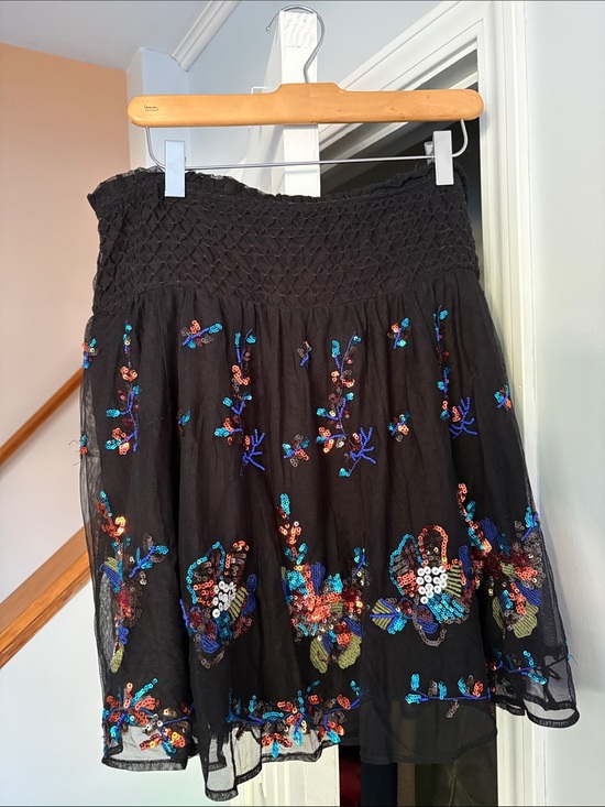 Anthropologie Dresses & Skirts - Anthropologie Black Mesh Floral Sequin Embroidered Tulle Skirt Boho